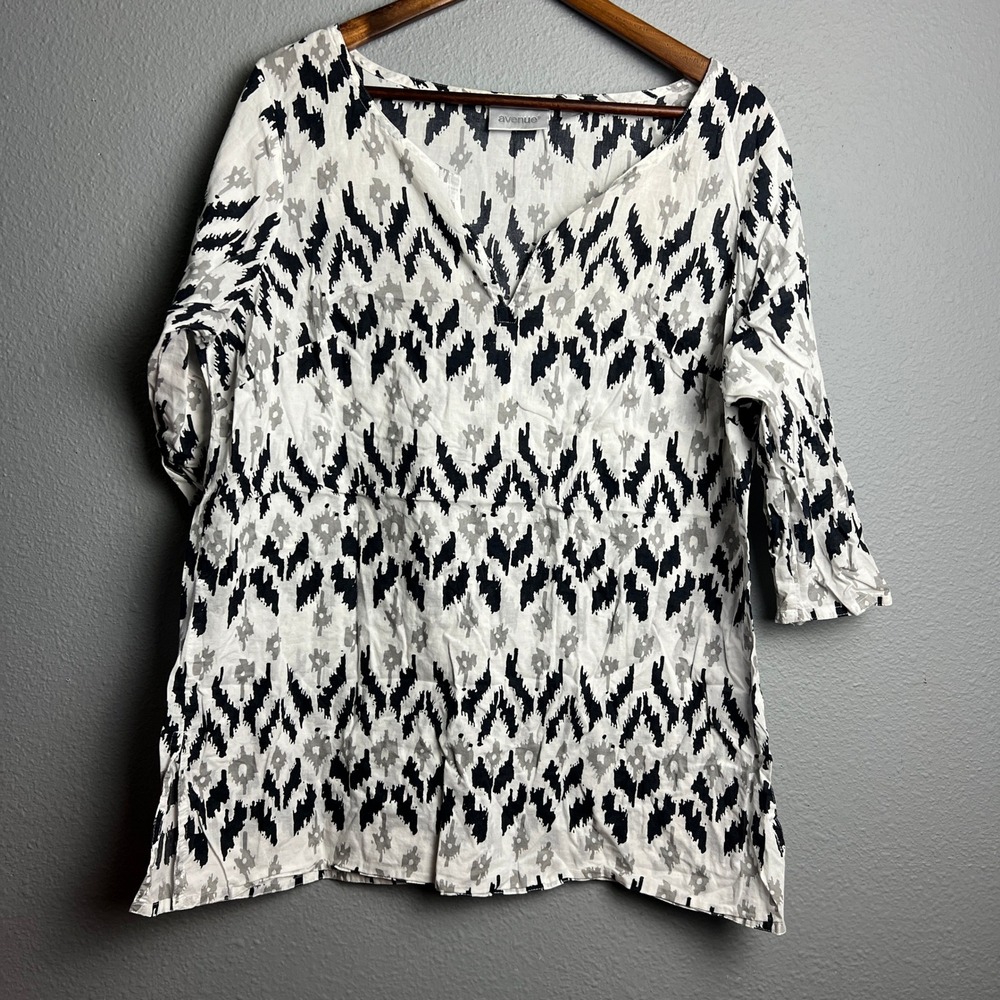 Avenue Womens Cotton Lightweight Top Sz 14/16 White Black Gray Print 3/4 Sleeve